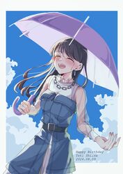  1girl bang_dream! bang_dream!_it&#039;s_mygo!!!!! belt black_belt black_hair blush character_name closed_eyes clouds commentary crying dated earrings english_text happy_birthday highres holding holding_umbrella jewelry long_hair long_sleeves mole mole_under_eye open_mouth rousei see-through see-through_sleeves shiina_taki sky smile solo teeth umbrella upper_teeth_only 