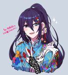  1boy blue_eyes blue_hair blue_shirt chain chain_earrings collared_shirt earrings food fruit grey_background hair_ornament hand_up heart heart_hair_ornament high_ponytail hong_lu_(project_moon) jewelry limbus_company long_hair looking_at_viewer mahjong_tile mandarin_collar open_mouth peach project_moon shirt smile solo sparkle star_(symbol) star_earrings tingtang_gang_(identity)_(project_moon) v very_long_hair yono_neie 