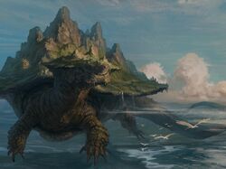  absurdres animal_focus blue_sky claws commentary english_commentary fantasy full_body giant highres landscape mountain no_humans ocean original outdoors painterly partially_underwater_shot realistic scales scenery shell simple_bird sky taran_fiddler tortoise turtle water waterfall 