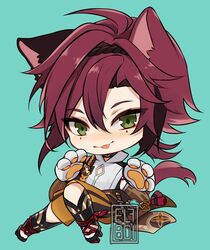  1boy :p animal_hands aqua_background artist_logo blush cat_boy chibi chibi_only closed_mouth elfboiii full_body genshin_impact gloves green_eyes hair_between_eyes kemonomimi_mode knees_together_feet_apart light_blush looking_at_viewer male_focus no_nose nose_blush paw_gloves shikanoin_heizou simple_background sitting smile solo tongue tongue_out tsurime 