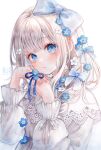  1girl artist_name blue_bow blue_eyes blue_flower blue_ribbon blush bow closed_mouth dot_nose double-parted_bangs finger_ribbon flower flower_ring frilled_sleeves frills ginniroya hair_bow hair_flower hair_ornament hand_rest hands_up highres interlocked_fingers lace_trim large_bow long_hair long_sleeves looking_at_viewer low-braided_long_hair low-tied_long_hair open_hands original own_hands_together ponytail ribbon ribbon-trimmed_cuffs shirt side_ponytail simple_background solo three_quarter_view unkempt upper_body watercolor_effect white_background white_flower white_shirt wispy_bangs 