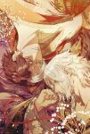  2boys 5altybitter5 brown_hair closed_mouth dual_persona emet-selch final_fantasy final_fantasy_xiv floral_print long_sleeves looking_at_viewer multicolored_hair multiple_boys rotational_symmetry smile streaked_hair white_hair yellow_eyes 