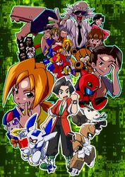  5girls 6+boys agata_hikaru akeikou akihabara_nae akita_kirara allumi_(medarot) beast_master_(medarot) betty_bear_(medarot) black_bodysuit black_hair blonde_hair bodysuit bonaparte_(medarot) bow brown_hair cyandog dr._akihabara_(medarot) everyone hair_bow highres humanoid_robot iseki_(medarot) kubota_(medarot) lab_coat long_hair magenta_cat medarot medarot_1 medawatch multiple_boys multiple_girls paddy_(medarot) ponytail red_bow ringlets robot rokusho_(medarot) rollstar_(medarot) rubberobo_gang short_hair smile uncle_and_niece watch watch yanma_(medarot) yellow_turtle yuuki_(medarot) zipper_pull_tab 