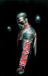  1boy alex_ross black_background black_hair commentary dc_comics english_commentary english_text floating floating_object gloves highres jacket looking_at_viewer male_focus mask mask_on_head mister_terrific orb science_fiction short_hair solo upper_body 