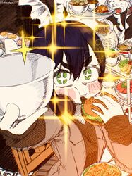  3girls apron biting blazer blush bowl burger eating egg_(food) food green_eyes haraga_kurumi headphones headphones_around_neck highres holding holding_bowl holding_burger holding_food holding_tray jacket kangara0117 kimi_no_koto_ga_dai_dai_dai_dai_daisuki_na_100-nin_no_kanojo maid maid_apron medium_hair meido_mai multiple_girls noodles on_chair open_clothes open_jacket purple_hair ramen serving_cart shrimp shrimp_tempura sleeves_past_wrists sparkle tempura tray tripping twitter_username 