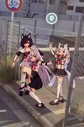  3girls animal_ear_fluff animal_ears azur_lane black_footwear black_hair black_skirt bow cat_ears cat_girl chain-link_fence double_v fence full_body google_maps google_street_view high_school_girls_posing_for_google_street_view_(meme) highres kneehighs long_hair looking_at_viewer meme multiple_girls ph_painter photo_background pleated_skirt posing raised_curb red_bow red_eyes road_sign shigure_(azur_lane) sidewalk sign skirt socks standing standing_on_one_leg tactile_paving v white_hair white_socks wolf_ears wolf_girl yukikaze_(azur_lane) yuudachi_(azur_lane) 