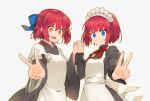  2girls :d apron back_bow black_dress black_kimono blue_bow blue_eyes bob_cut bow bow_apron breasts closed_mouth collared_dress commentary cowboy_shot dress fingernails frilled_apron frills grey_background hair_between_eyes hair_bow hand_up hisui_(tsukihime) holding_hands japanese_clothes juliet_sleeves kimono kohaku_(tsukihime) koyama_keisuke long_bangs long_fingernails long_sleeves looking_at_viewer maid maid_apron maid_headdress multiple_girls neck_ribbon one_side_up open_mouth puffy_sleeves red_ribbon redhead ribbon short_hair siblings sisters smile tsukihime twins v wa_maid white_apron white_bow yellow_eyes 