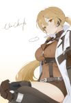  ... 1girl absurdres blonde_hair brown_shorts closed_mouth coat earpiece english_commentary girls&#039;_frontline_2:_exilium girls_frontline gradient_background hair_between_eyes highres long_hair looking_at_viewer orange_eyes ots-14_(girls&#039;_frontline) ponytail shorts simple_background sitting solo speech_bubble vinnie_cheeks white_coat 