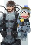 2boys ammunition_pouch bodysuit brown_hair cowboy_shot facial_hair goatee headband male_focus metal_gear_(series) metal_gear_solid miviy19 multiple_boys muscular open_mouth pipo_snake pouch simple_background solid_snake uniform 