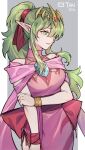 1girl absurdres bare_shoulders bracelet character_name chest_jewel dragonstone dress fire_emblem fire_emblem_awakening fire_emblem_heroes green_eyes green_hair hair_ribbon highres holding_own_arm jewelry long_hair official_alternate_costume pink_dress pointy_ears red_ribbon ribbon sidelocks silvercandy_gum sleeveless sleeveless_dress smile solo tiara tiki_(adult)_(fated_divinity)_(fire_emblem) tiki_(adult)_(fire_emblem) tiki_(fire_emblem) 