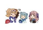  3girls abyssal_ship ane_hoshimaru black_jacket blonde_hair blue_hair blue_jacket brown_hair burnt_food chibi closed_eyes double_bun enemy_lifebuoy_(kancolle) food gambier_bay_(kancolle) hair_bun highres jacket johnston_(kancolle) kantai_collection kebab little_blue_whale_(kancolle) long_hair multiple_girls official_alternate_costume samuel_b._roberts_(kancolle) simple_background sunglasses twintails two_side_up upper_body whale white_background 