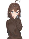 1girl absurdres ahoge blue_eyes blush breasts brown_hair brown_sweater hair_ornament hairclip hand_up highres hod_(project_moon) large_breasts library_of_ruina long_sleeves looking_at_viewer medium_hair project_moon simple_background solo sweater white_background zero0ex 
