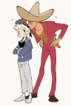  2boys belt black_bow black_eyes black_footwear blue_hat blue_sailor_collar blue_shirt blush_stickers bow bright_pupils brown_belt brown_hat brown_shirt collarbone crossed_arms donald_duck full_body hat height_difference highres holster humanization jacket leaning_forward male_focus mexican_clothes multiple_boys panchito_pistoles pants pectoral_cleavage pectorals red_hat red_jacket sailor sailor_collar shirt short_hair skirt sombrero the_three_caballeros uochandayo white_hair white_pants white_pupils white_skirt 