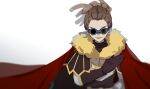  1boy armor black_gloves black_shirt breastplate brown_hair cape closed_mouth dreadlocks elbow_gloves fur-trimmed_cape fur_trim furrowed_brow gloves goggles highres inazuma_eleven inazuma_eleven_(series) kidou_yuuto long_hair male_focus ponytail red_cape red_eyes round_eyewear shirt shoulder_pads simple_background smile solo sweater turtleneck turtleneck_sweater unagi_(nakaelric) upper_body white_background 