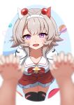  1girl animal_ears blurry blurry_foreground breasts commentary_request curren_chan_(umamusume) fingernails grey_hair hair_between_eyes hair_ornament headband highres holding_hands horse_ears horse_girl medium_breasts medium_hair mutou_coffee open_mouth pov pov_hands simple_background solo thigh-highs umamusume white_background 