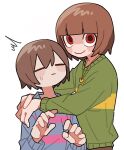  2others :| =_= ^^^ androgynous arms_around_neck blue_sweater blunt_bangs brown_hair brown_shorts c: chara_(undertale) child closed_eyes closed_mouth expressionless frisk_(undertale) green_sweater heart_pendant highres long_sleeves multiple_others no_nose other_focus red_eyes short_hair shorts simple_background smile sweatdrop sweater tadeno undertale upper_body white_background 