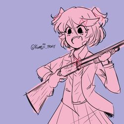  artist_name clothed clothed_female clothes clothing doki_doki_literature_club english_text gun holding_gun holding_weapon komeji_nouzy komeji_nouzy natsuki_(doki_doki_literature_club) shotgun text twitter_username weapon 