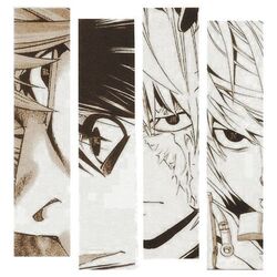  4boys close-up closed_mouth death_note dnmont1031 l_(death_note) looking_at_viewer male_focus mello_(death_note) multiple_boys near_(death_note) scar scar_on_face yagami_light 