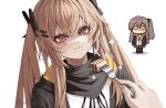  2girls :3 artist_name black_bow black_jacket black_neckerchief blonde_hair blush bow brown_hair closed_mouth english_commentary feeding food fork girls_frontline hair_between_eyes hair_bow hair_ornament hairpin highres holding holding_fork jacket long_hair multiple_girls multiple_hair_bows multiple_hairpins neckerchief one_side_up pov pov_hands red_eyes scar scar_across_eye simple_background smile sparkle twintails ump45_(girls&#039;_frontline) ump9_(girls&#039;_frontline) white_background yangie37 yellow_eyes 