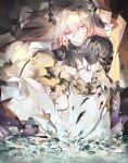  1girl absurdres arknights commentary_request dress enmokuritsu-d flower half-closed_eyes highres horns jewelry kneeling long_hair looking_down multiple_rings painterly pink_hair pointy_ears red_eyes ring smile solo tagme theresa_(arknights) white_dress white_flower 