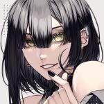  1boy androgynous bare_shoulders black_hair black_nails earrings finger_heart forute_na grin hoop_earrings jewelry looking_at_viewer male_focus original simple_background smile solo yellow_eyes 