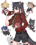  &gt;_&lt; 6+girls animal_ear_fluff animal_ears arknights asymmetrical_gloves black_gloves black_hair black_jacket black_shorts blonde_hair blue_hair bow bright_pupils cape closed_eyes collared_shirt commentary corrupted_twitter_file croissant_(arknights) demon_tail ear_piercing exusiai_(arknights) food food_in_mouth gloves green_necktie grey_hair hair_bow hair_ornament hairclip hand_up highres holding horns jacket lappland_(arknights) long_hair looking_at_viewer mismatched_gloves molu_stranger mostima_(arknights) multiple_girls necktie notice_lines open_mouth orange_eyes orange_hair party_whistle piercing pocky pocky_in_mouth ponytail rabbit_ears red_bow red_cape red_gloves red_shirt redhead sharp_teeth shirt short_hair shorts simple_background sora_(arknights) sparkle tail teeth texas_(arknights) texas_(willpower)_(arknights) white_background white_gloves white_pupils wolf_ears wolf_tail 