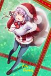  1girl blush breasts christmas collared_shirt commentary_request full_body gridman_universe hat holding holding_sack jacket large_breasts leaning_forward loafers looking_at_viewer off_shoulder open_mouth orange_eyes pantyhose pom_pom_(clothes) purple_hair red_jacket sack santa_costume santa_hat shinjou_akane shirt shoes short_hair skirt smile solo ssss.gridman ueda_metawo 