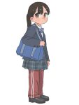  1girl backpack bag black_footwear blue_jacket brown_eyes closed_mouth full_body hare_(tsooy18pjwdw21h) highres jacket loafers looking_at_viewer original pants pleated_skirt ponytail school_uniform shirt shoes skirt solo standing track_pants white_background white_shirt 