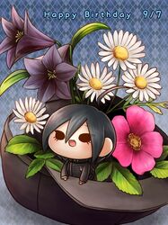  1boy ahoge argyle_background baseball_cap black_eyes black_hair black_hat black_jacket black_pants blue_background buttons chibi collared_jacket commentary_request daisy danganronpa_(series) danganronpa_v3:_killing_harmony dated double-breasted english_text eyelashes flower gradient_background hair_between_eyes happy happy_birthday hat high_collar in_hat jacket layered_sleeves leaf light_blush lily_(flower) long_sleeves looking_ahead male_focus mini_person miniboy open_mouth pants peony_(flower) pink_flower pinstripe_jacket pinstripe_pants pinstripe_pattern pocket purple_flower saihara_shuichi short_hair simple_background smile solid_eyes solo unmoving_pattern white_flower yumaru_(marumarumaru) 