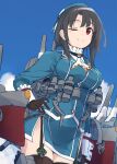  1girl adapted_turret ascot beret black_gloves black_hair black_thighhighs blue_hat blush breasts cannon clouds cloudy_sky day garter_straps gloves hand_on_own_hip hat highres kantai_collection large_breasts looking_at_viewer machinery military military_uniform minosu one_eye_closed red_eyes rigging short_hair skirt sky smile solo takao_(kancolle) thigh-highs turret uniform 