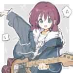  1girl arm_up blue_eyes blue_jacket commentary electric_guitar fur-trimmed_jacket fur_trim girls_band_cry guitar holding holding_guitar holding_instrument instrument iseri_nina jacket looking_at_viewer musical_note open_mouth purple_hair shirt short_twintails smile solo spoken_musical_note twintails upper_body white_shirt yurisaki929 