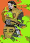  1girl absurdres animification apex_legends black_hair breasts caustic_(apex_legends) chinese_commentary colored_smoke commentary_request from_side gas_mask genderswap genderswap_(mtf) gloves goggles green_eyes hazmat_suit highres long_hair mask mature_female medium_breasts orange_background orange_gloves smoke solo tongfeng_bao_cai 