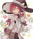 1boy arms_behind_back bad_id bad_pixiv_id black_hat bow collared_shirt cowboy_shot ensemble_stars! erlenmeyer_flask finger_to_mouth flask fly_agaric hand_up hat hat_bow heart index_finger_raised jewelry lab_coat leaf long_hair long_sleeves looking_at_viewer male_focus meremero multicolored_hair mushroom necklace open_mouth redhead sakasaki_natsume shirt smile solo standing star_(symbol) streaked_hair white_hair white_shirt witch_hat yellow_eyes 