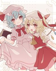  2girls ascot bat_wings blue_hair bow bowtie commentary_request cowboy_shot crystal fang flandre_scarlet hat hat_bow highres long_hair medium_hair mob_cap multiple_girls nig_18 one_side_up open_mouth pink_hat pink_shirt pink_skirt red_bow red_bowtie red_eyes red_skirt red_vest remilia_scarlet ringlets shirt short_sleeves siblings sisters skirt skirt_hold smile touhou vest white_background white_hat white_shirt wings yellow_ascot 