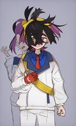  1boy absurdres amenonoco black_hair blue_shirt collared_shirt crying gloves grey_background hair_between_eyes highres jacket kieran_(pokemon) long_sleeves male_focus mole mole_on_neck multicolored_hair multiple_views open_mouth partially_fingerless_gloves pokemon pokemon_sv purple_hair red_gloves shirt simple_background single_glove smile tears white_jacket yellow_eyes 