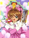  1990s_(style) 1girl ;d absurdres antenna_hair between_fingers border brown_hair capelet card card_between_fingers cardcaptor_sakura clow_card cowboy_shot creature_on_head crossed_arms dot_nose dress floral_background fuuin_no_tsue gloves green_background green_eyes hair_intakes hat highres holding holding_wand kero_(cardcaptor_sakura) kinomoto_sakura kinomoto_sakura_(musical_costume) looking_at_viewer musical_note official_art one_eye_closed open_mouth petals pink_dress pink_hat retro_artstyle scan short_hair smile song_(clow_card) straight-on takahashi_kumiko wand white_capelet white_gloves yellow_border 
