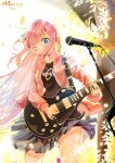  1girl absurdres blue_eyes blush bocchi_the_rock! fish_shop gotoh_hitori guitar hair_ornament highres instrument jacket long_hair microphone music one_eye_closed pink_hair pink_jacket playing_instrument pleated_skirt plectrum skirt sweat 