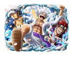  3boys abs black_eyes black_hair cape chest_tattoo closed_mouth cloud_hair clouds curly_eyebrows earrings english_commentary eustass_kid facial_hair fur_cape fur_hat gear_fifth goatee goggles goggles_on_head grin hat jewelry looking_at_viewer male_focus monkey_d._luffy multiple_boys official_art one_piece one_piece_treasure_cruise open_clothes pirate prosthesis prosthetic_arm red_eyes red_nails redhead sandals scar scar_on_chest scar_on_face shirt short_hair smile straw_hat tattoo trafalgar_law white_hair yellow_shirt 