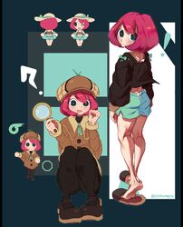  ! 1girl ? absurdres bare_legs barefoot black_pantyhose cashumeru coat detective feet green_eyes green_shorts hat highres innertube loafers looking_at_viewer looking_back magnifying_glass mii_(nintendo) multiple_views pantyhose pink_hair sheila_bell shoes shorts slippers soles solo squatting surechigai_meikyuu swim_ring swimsuit 