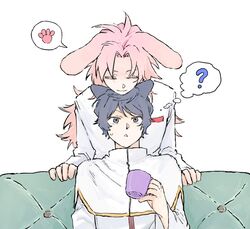  2boys ? animal_ears blue_eyes blue_hair capelet cat_boy cat_ears closed_mouth commentary_request couch cup gigantea_pp gold_trim hatsutori_hajime head_on_head head_rest holding holding_cup kemonomimi_mode korean_commentary long_hair long_sleeves lop_rabbit_ears male_focus multiple_boys on_couch parted_bangs paw_print pink_hair rabbit_boy rabbit_ears saibou_shinkyoku shirt smile spoken_symbol sweat thought_bubble triangle_mouth utsugi_noriyuki white_background white_capelet white_shirt 