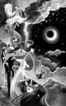  6+others above_clouds animal_focus black_eyes black_hair closed_eyes clouds crescent_moon fleebites glowing grey_fur greyscale highres horns horse liquid_hair monochrome moon multiple_others night night_sky no_humans on_cloud original single_horn sky star_(sky) star_(symbol) unicorn white_fur white_hair 