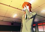  1boy absurdres black_eyes chinese_commentary classroom closed_mouth collared_shirt commentary_request green_necktie grey_sweater hair_between_eyes hair_ornament hand_to_own_mouth highres indoors kyoko_(akakikyoko) long_hair long_sleeves male_focus necktie original redhead shirt smile solo sweater upper_body white_shirt 