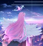  1girl absurdres angel_wings blue_archive cityscape dress feathered_wings from_behind hair_bun halo highres long_hair mika_(blue_archive) night outdoors pantyhose pink_hair pink_halo single_side_bun sitting solo wan_du29 white_dress white_pantyhose white_wings wings 