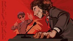  2boys abstract_background animal_ears bird_wings blue_beanie blue_necktie brown_hair colored_extremities dream_smp english_text facial_hair feathered_wings fridgrave grey_suit grin highres horizontal_pupils horns jschlatt leaning_forward leaning_on_object long_sideburns male_focus microphone minecraft_youtube multiple_boys mustache necktie podium profile quackity rectangular_eyewear red_background red_eyes red_light red_necktie red_theme sharp_teeth sheep_ears sheep_horns sideburns smile suit sunglasses teeth thumbs_up v-shaped_eyebrows wings yellow_wings 