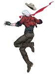  1boy boots coat cowboy_hat dante_(devil_may_cry) devil_may_cry_(series) devil_may_cry_5 fingerless_gloves gloves hat highres holding male_focus red_coat simple_background solo upper_body white_hair 