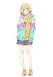  1girl :3 arms_behind_back blonde_hair blush braid fujita_kotone full_body gakuen_idolmaster highres idolmaster jacket long_hair looking_at_viewer multicolored_clothes multicolored_jacket open_clothes open_jacket shinashina shoes simple_background skirt smile sneakers solo twin_braids white_background yellow_eyes 