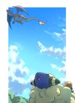  :o animal_focus blue_skin blue_sky border charizard claws clouds colored_skin commentary fire flying highres kotobukkii_(yt_lvlv) mareep no_humans outside_border pokemon pokemon_(creature) sheep sky tail white_border wings wool 