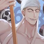  1boy bandana blonde_hair blue_background close-up commentary_request drum enel eyelashes holding instrument long_earlobes looking_at_viewer male_focus numbered one_piece smile solo topless_male upper_body white_bandana yoshicha 