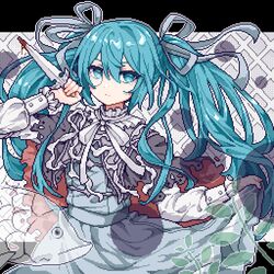  1girl alternate_costume amefu_luna aqua_eyes aqua_hair aqua_ribbon black_border blood blood_on_knife border dress fish frilled_dress frilled_sleeves frills ghost hair_ornament hair_ribbon hatsune_miku highres holding holding_knife knife long_hair long_sleeves looking_at_viewer monocle pixel_art puffy_long_sleeves puffy_sleeves ribbon solo twintails very_long_hair vocaloid white_ribbon 