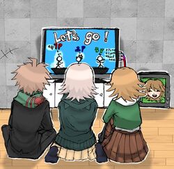  1girl 2boys :d alter_ego_(danganronpa) black_jacket brown_hair brown_skirt danganronpa:_trigger_happy_havoc danganronpa_(series) danganronpa_2:_goodbye_despair from_side fujisaki_chihiro green_shirt hood hooded_jacket jacket medium_hair multiple_boys naegi_makoto nanami_chiaki no_shoes playing_games pleated_skirt rari_wo seiza shirt short_hair sitting skirt smile television 